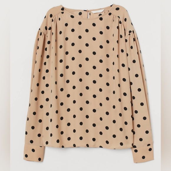 H&M Black Batwing Sleeve Polka Dot Blouse - Tan  Sz L - Picture 6 of 9